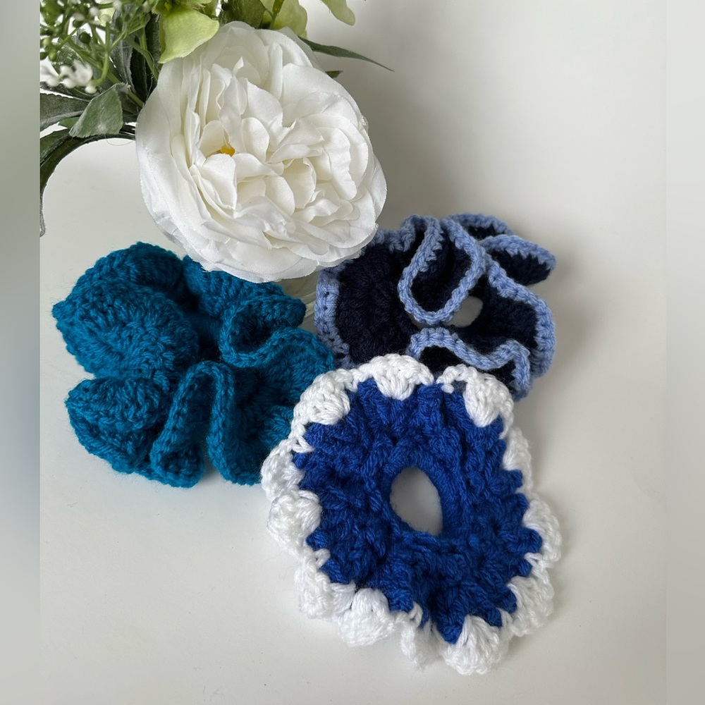 Crochet Scrunchies Handmade. Blue, teal, Navy blue and white colors. - Picture 1 of 1